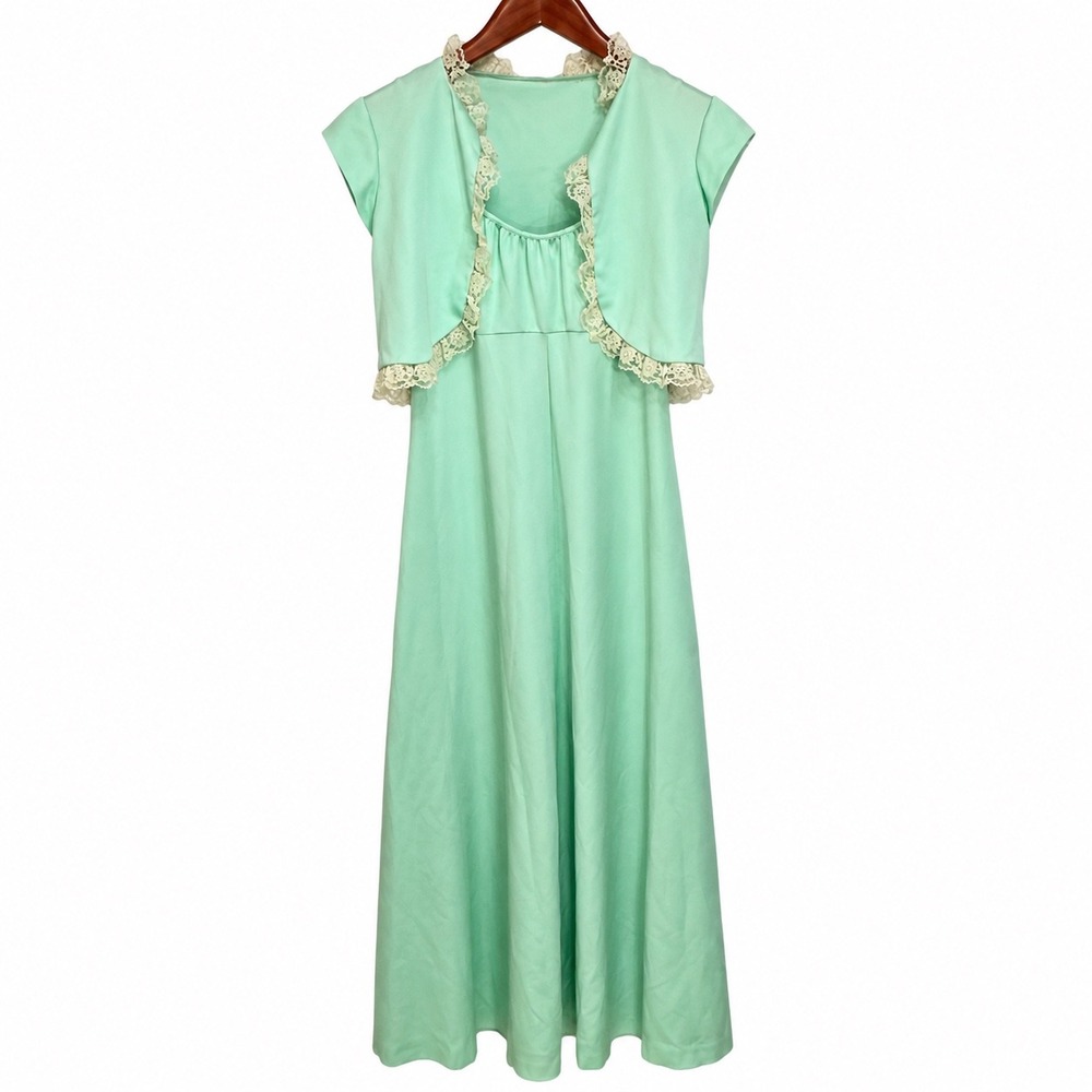 Vintage Mint Green Small Satin Maxi Dress & Lace Trim Bolero Jacket Set 2 Piece